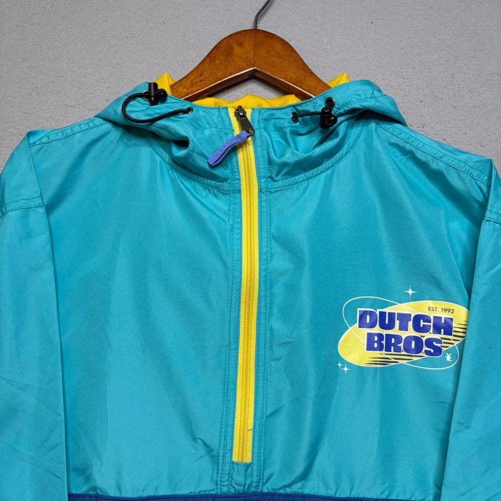 Dutch Bros Windbreaker Mens Medium Teal Purple Colorblock Quarter Zip Anorak